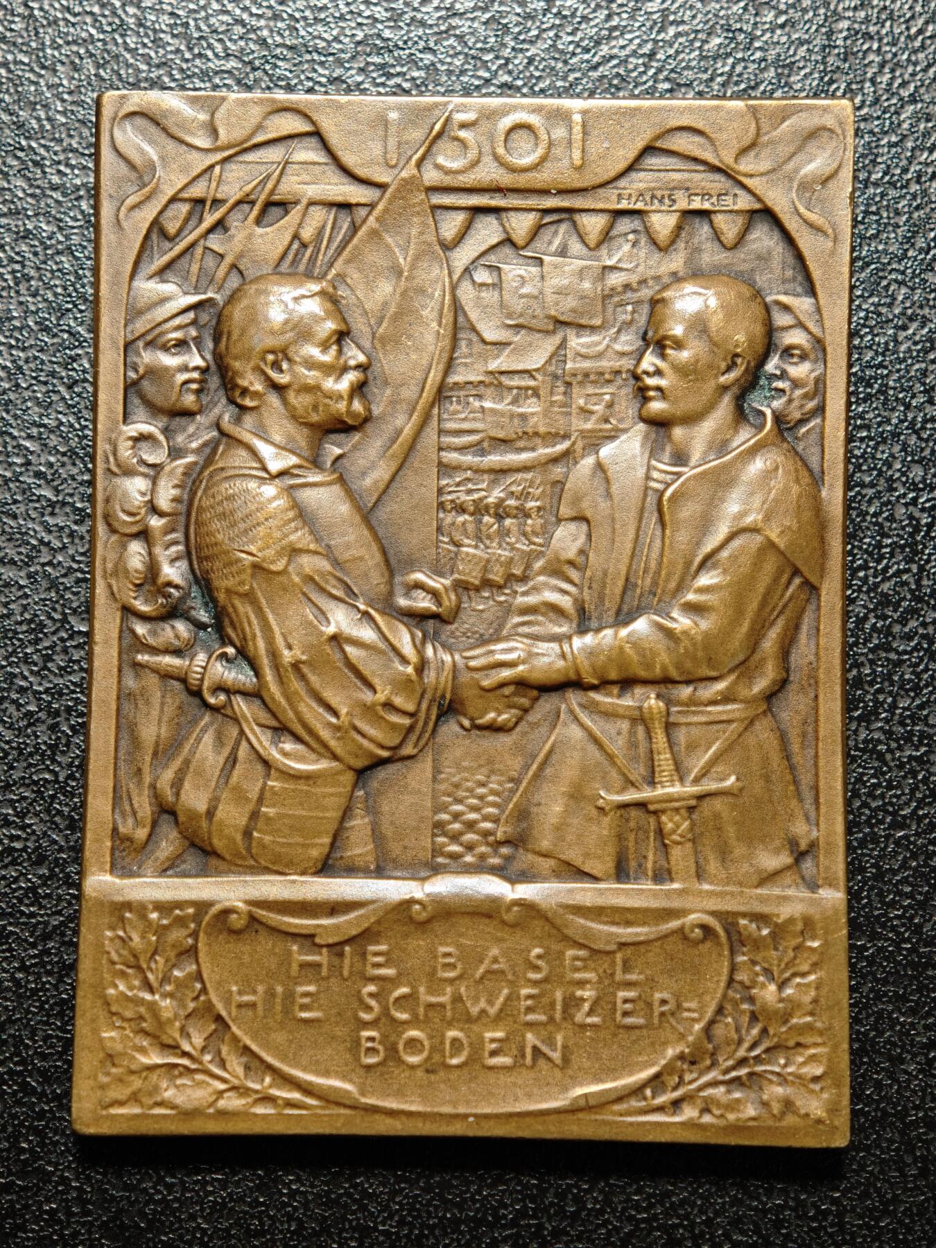 【德藏】世界币章拍卖第154期（拍品征集中~欢迎藏友联系） 1901年瑞士巴塞尔加入联邦400周年纪念矩形铜章 直径约：36.9mm×50.4mm；重约：34g 包浆温润 设计立体