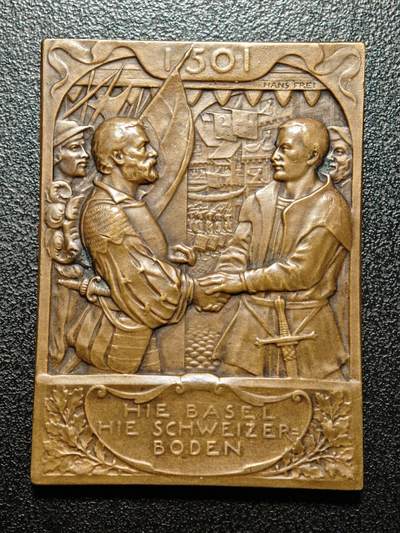 【德藏】世界币章拍卖第154期（拍品征集中~欢迎藏友联系） - 1901年瑞士巴塞尔加入联邦400周年纪念矩形铜章 直径约：36.9mm×50.4mm；重约：34g 包浆温润 设计立体