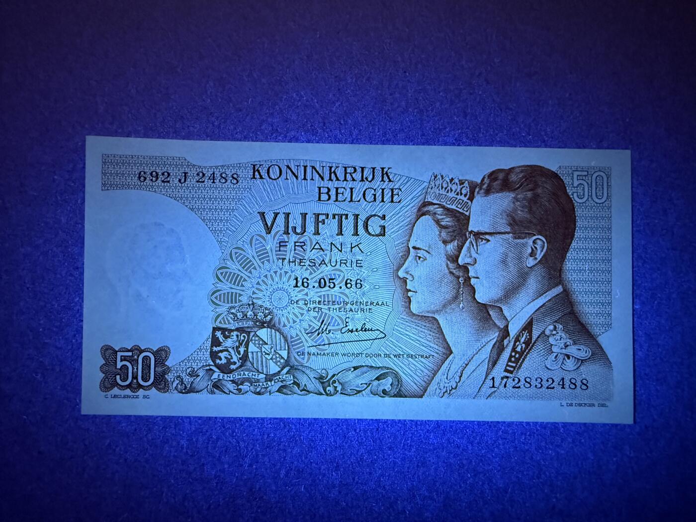 《艾美收藏》第221期-11.23周日黄金场精品荟萃 比利时50法郎 UNC 1966年 国王博杜安一世与王后法比奥拉 双尾88