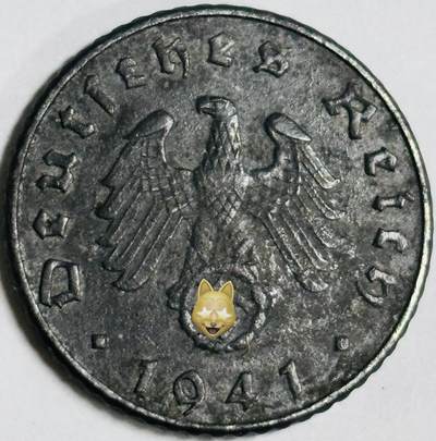 文馨钱币收藏第 282 场，【 长期接收代拍品】，加拿大老铜代用币，银币，德三系列场 - 极美品 1941 年德三帝国 5 芬尼锌币 A 标，锌币保存不错，收藏不错