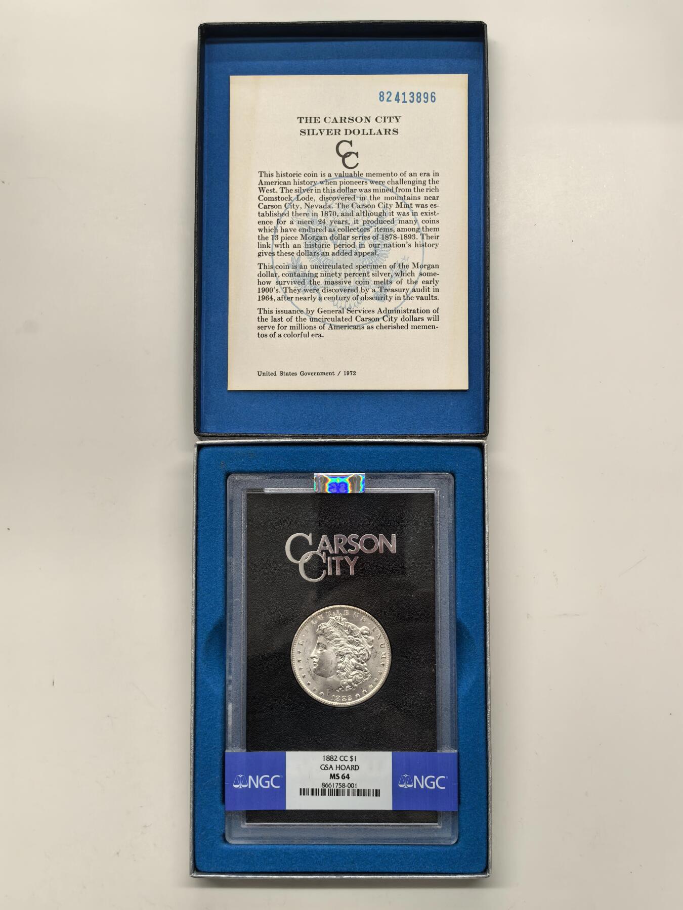 博洋堂藏家专场系列之美国钱币白金之夜专场暨第148期（全场包邮） NGC MS64 美国1882 CC 摩根 卡森厂 GSA大封装 附原盒及证书 鹰面褐色老包浆 高分难得 十字转光