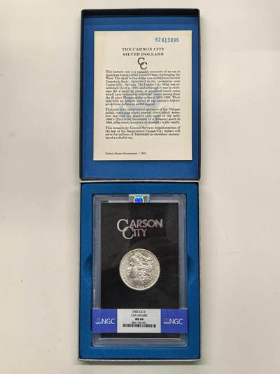 博洋堂藏家专场系列之美国钱币白金之夜专场暨第148期（全场包邮） - NGC MS64 美国1882 CC 摩根 卡森厂 GSA大封装 附原盒及证书 鹰面褐色老包浆 高分难得 十字转光
