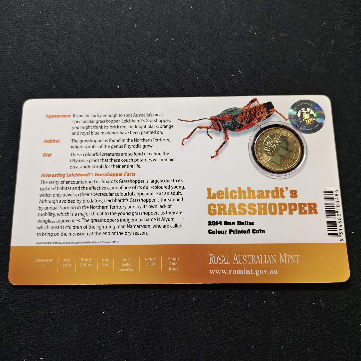 【全场包邮】纯粹捡漏拍480场（免费代拍第17场） 澳大利亚2014年1元彩色昆虫系列莱奇哈特蚱蜢官方卡装彩色纪念币