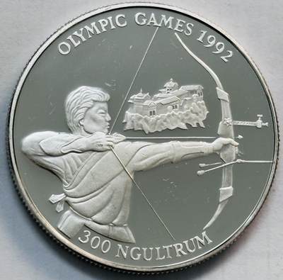 文馨钱币收藏第 282 场，【 长期接收代拍品】，加拿大老铜代用币，银币，德三系列场 - 少见全新 1992 年不丹 300 努尔特鲁姆精制大银币，重 31.47 克，39 毫米，925 高银