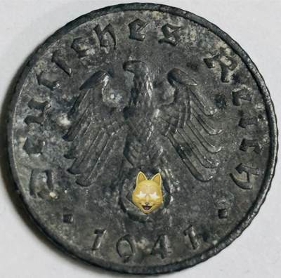 文馨钱币收藏第 282 场，【 长期接收代拍品】，加拿大老铜代用币，银币，德三系列场 - 极美品 1941 年德三帝国 5 芬尼锌币 B 标，锌币保存不易，品相佳，收藏不错