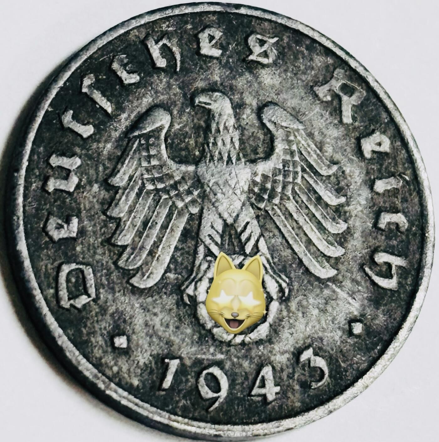 文馨钱币收藏第 282 场，【 长期接收代拍品】，加拿大老铜代用币，银币，德三系列场 极美品 1943 年德三帝国 1 芬尼锌币 A 标，锌币保存不错，收藏不错