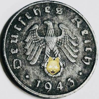 文馨钱币收藏第 282 场，【 长期接收代拍品】，加拿大老铜代用币，银币，德三系列场 - 极美品 1943 年德三帝国 1 芬尼锌币 A 标，锌币保存不错，收藏不错