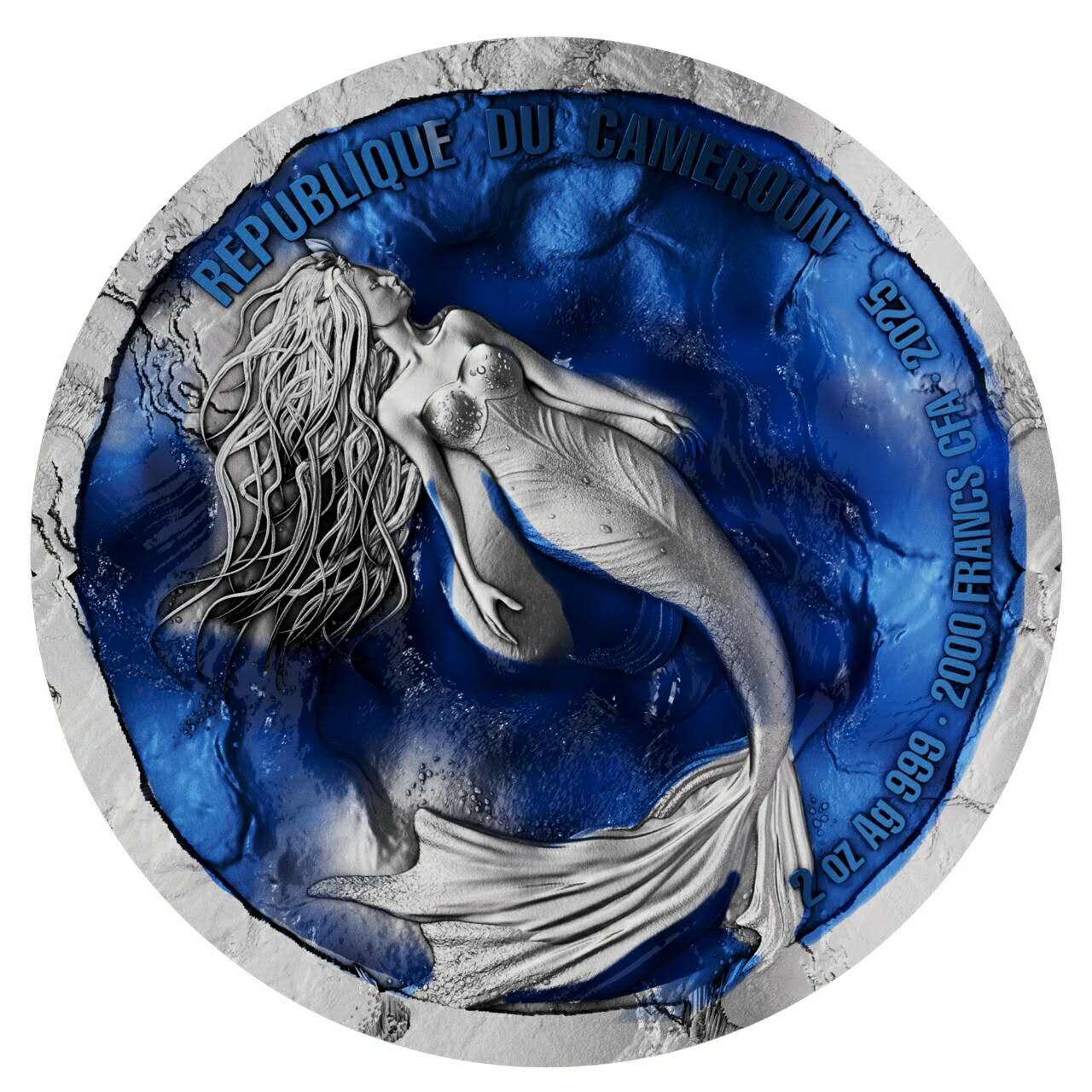 喀麦隆2025年海上诱惑系列美人鱼2盎司仿古荧光高浮雕纪念银币，仿古版本发行199枚