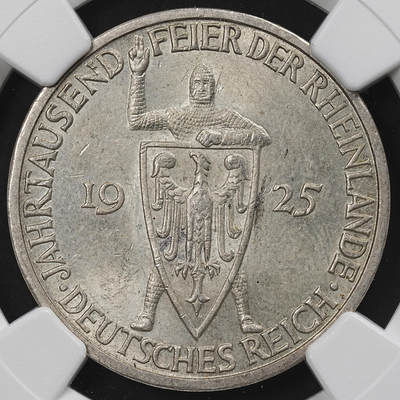 修遠堂世界钱币第九十四期 - NGC MS62 1925年德国魏玛共和国-莱茵兰千年纪念3马克银币 J厂铭 