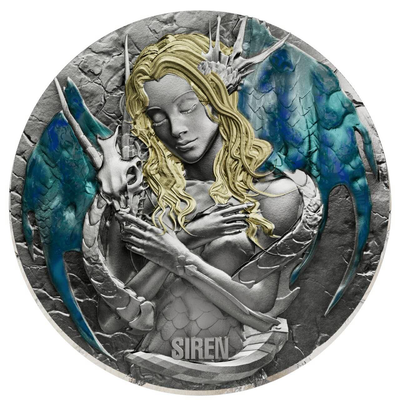 喀麦隆2025年海上诱惑系列美人鱼2盎司仿古荧光高浮雕纪念银币，仿古版本发行199枚