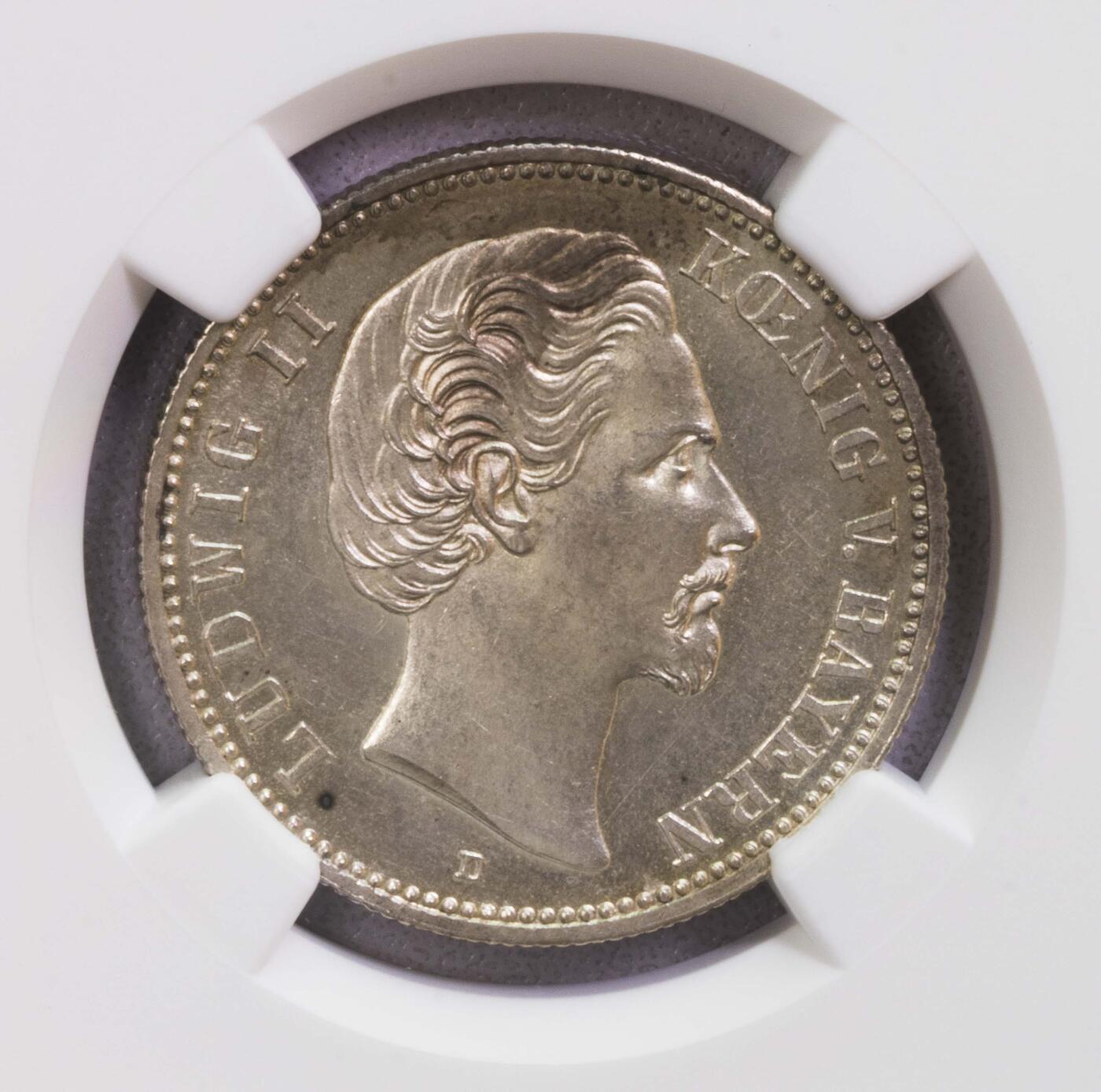 NGC-MS64 1876巴伐利亚路德维希二世短翅2马克银币