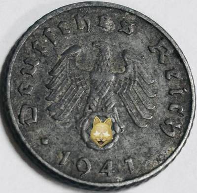 文馨钱币收藏第 282 场，【 长期接收代拍品】，加拿大老铜代用币，银币，德三系列场 - 极美品 1941 年德三帝国 5 芬尼锌币 A 标，锌币保存不错，收藏不错