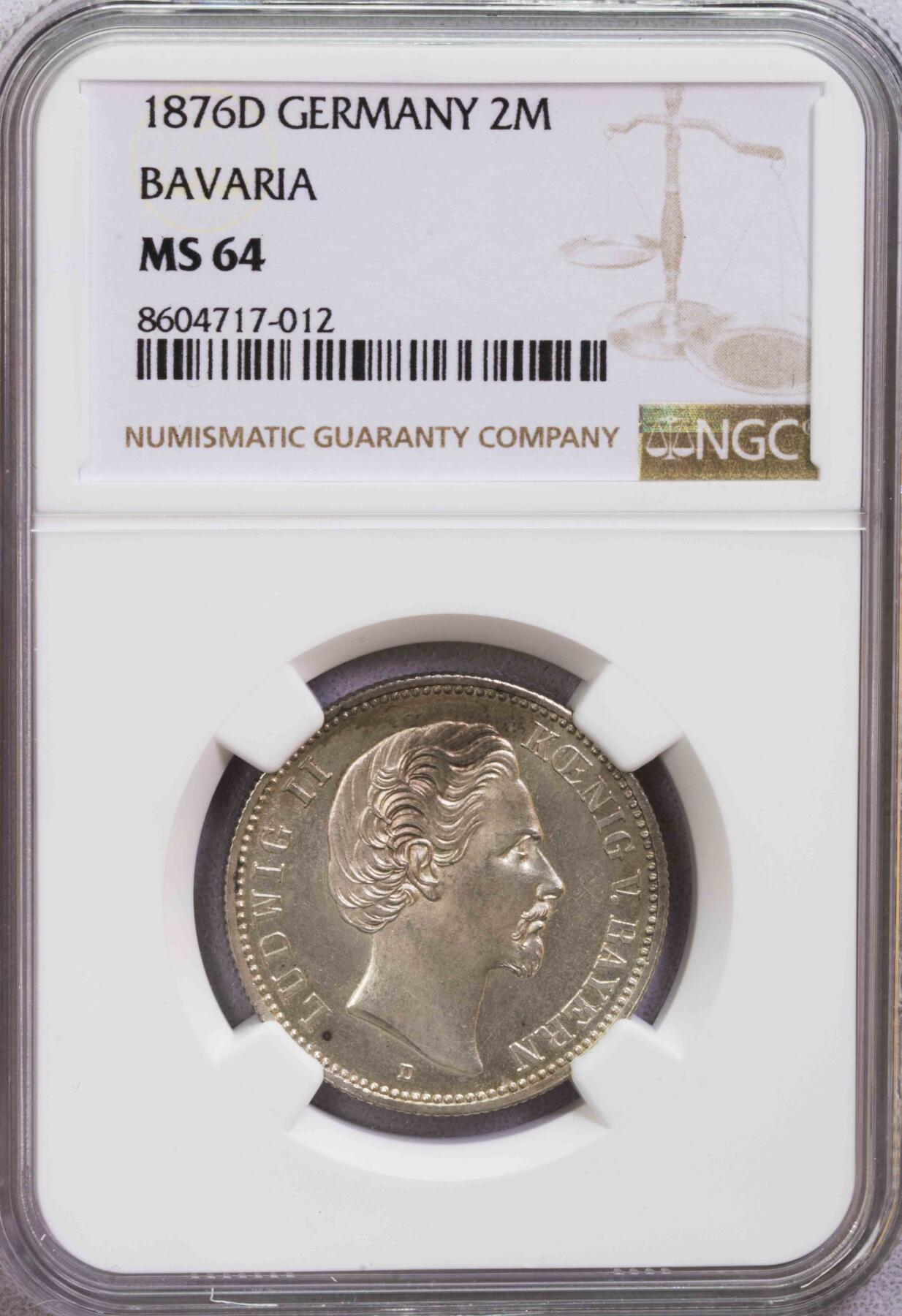 NGC-MS64 1876巴伐利亚路德维希二世短翅2马克银币