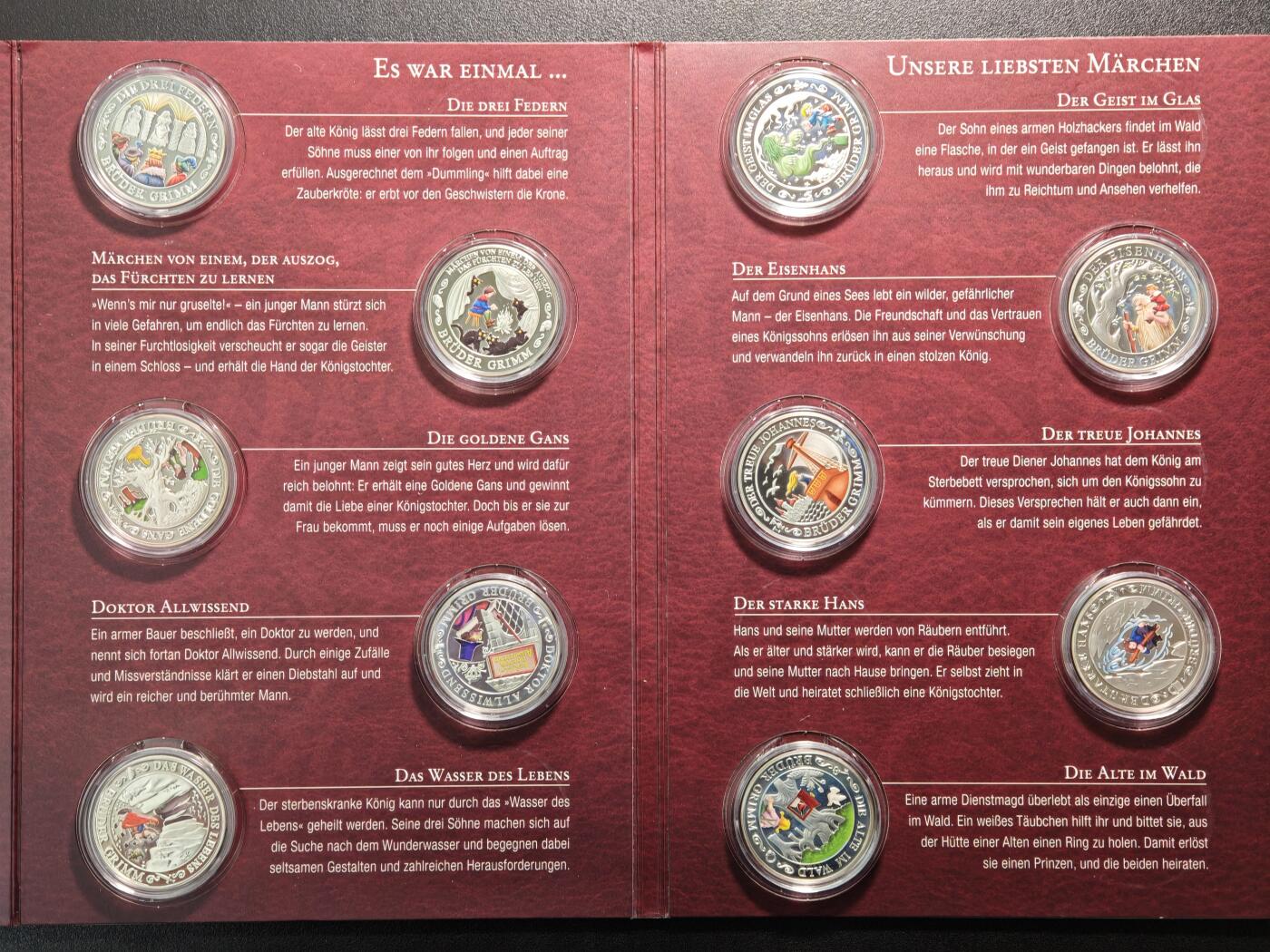 【德藏】世界币章拍卖第154期（拍品征集中~欢迎藏友联系） 10枚一册 德国童话故事彩绘纪念银章 原盒 原证书 （36mm/枚 333银/枚 14.66g/枚）设计极其精美