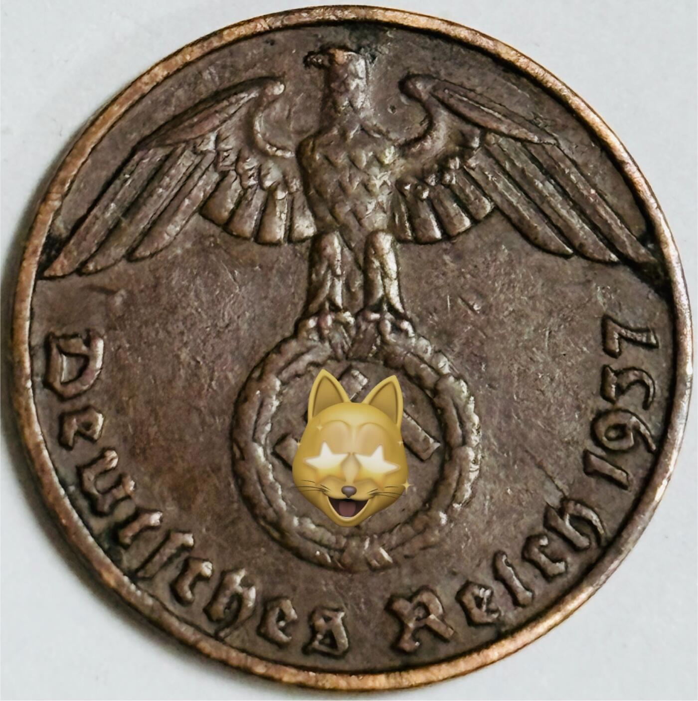 文馨钱币收藏第 282 场，【 长期接收代拍品】，加拿大老铜代用币，银币，德三系列场 极美品 1937 年德三帝国 1 芬尼铜币 D 标