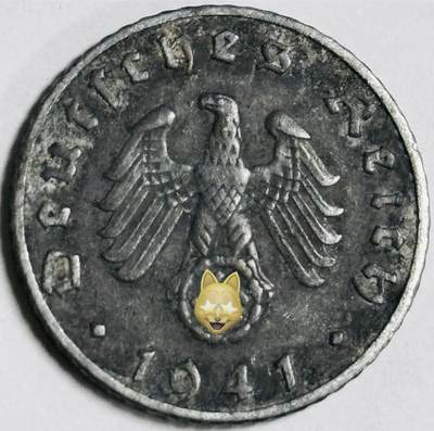 文馨钱币收藏第 282 场，【 长期接收代拍品】，加拿大老铜代用币，银币，德三系列场 - 极美品 1941 年德三帝国 5 芬尼锌币 B 标，锌币保存不易，品相佳，收藏不错