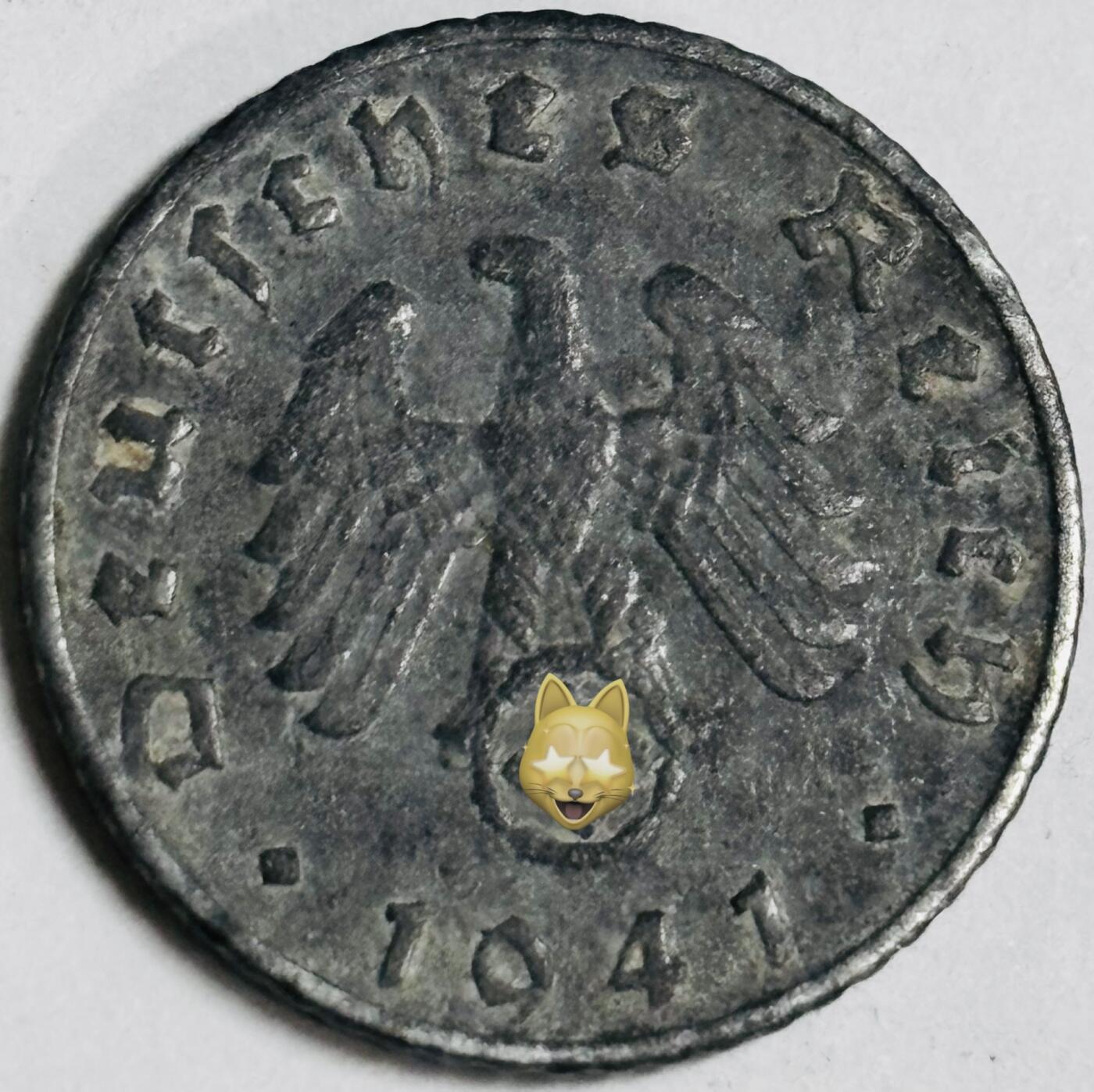 文馨钱币收藏第 282 场，【 长期接收代拍品】，加拿大老铜代用币，银币，德三系列场 极美品 1941 年德三帝国 5 芬尼锌币 B 标，锌币保存不错，收藏不错