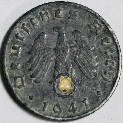 文馨钱币收藏第 282 场，【 长期接收代拍品】，加拿大老铜代用币，银币，德三系列场 - 极美品 1941 年德三帝国 5 芬尼锌币 B 标，锌币保存不错，收藏不错