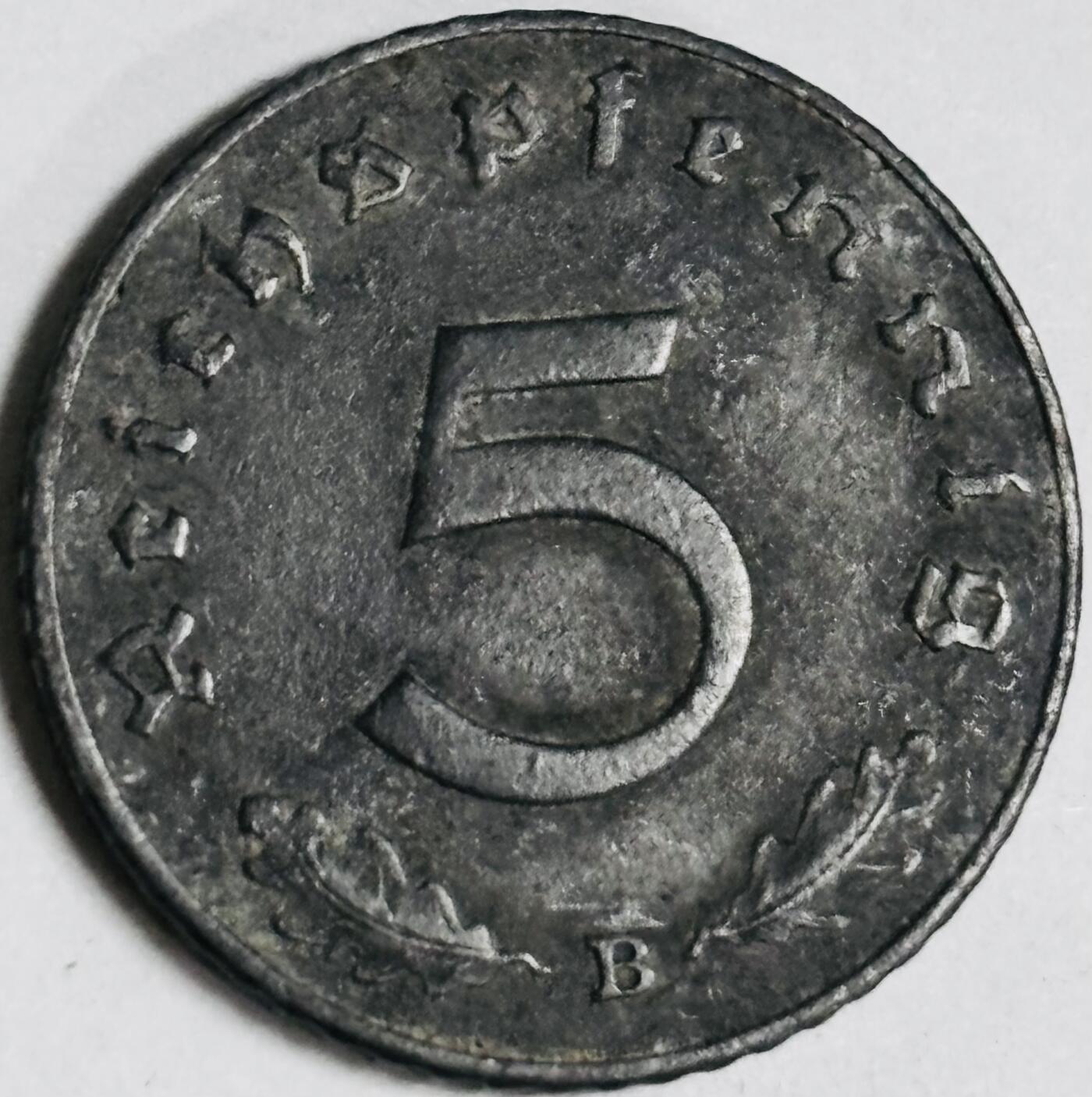 文馨钱币收藏第 282 场，【 长期接收代拍品】，加拿大老铜代用币，银币，德三系列场 极美品 1941 年德三帝国 5 芬尼锌币 B 标，锌币保存不易，品相佳，收藏不错