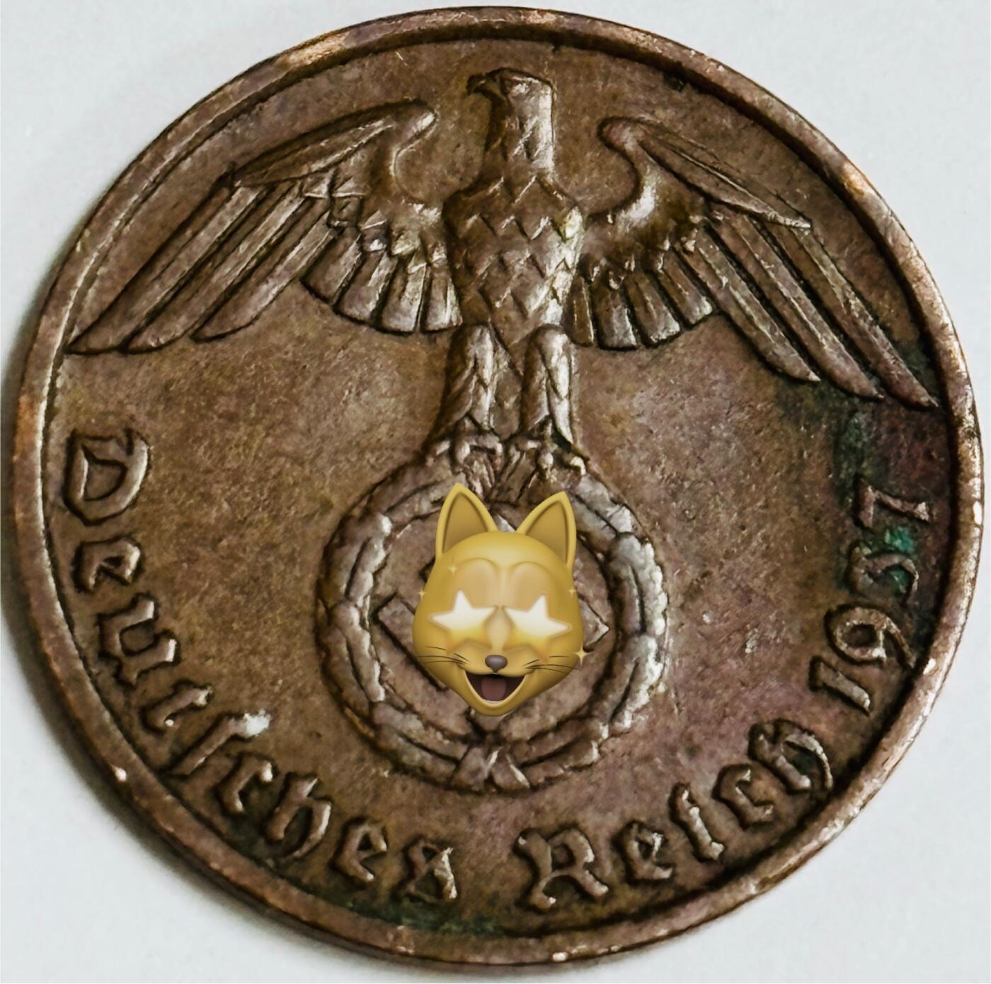 文馨钱币收藏第 282 场，【 长期接收代拍品】，加拿大老铜代用币，银币，德三系列场 极美品 1937 年德三帝国 1 芬尼铜币 F 标