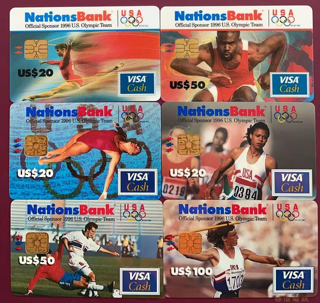 《卡拍》第340期拍卖11月22日晚22：10时延时截拍 美国国家银行VISA Cash现金卡《96亚特兰大奥运会（一）、（二）》两组六枚IC卡，芯片有氧化，中上品。