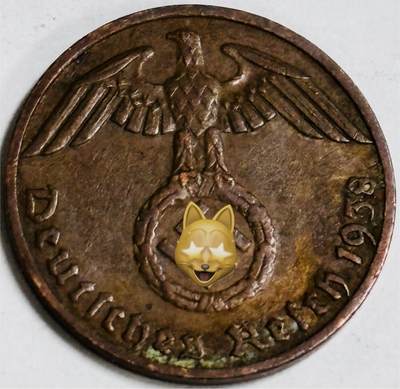 文馨钱币收藏第 282 场，【 长期接收代拍品】，加拿大老铜代用币，银币，德三系列场 - 极美品 1938 年德三帝国 1 芬尼铜币 F 标