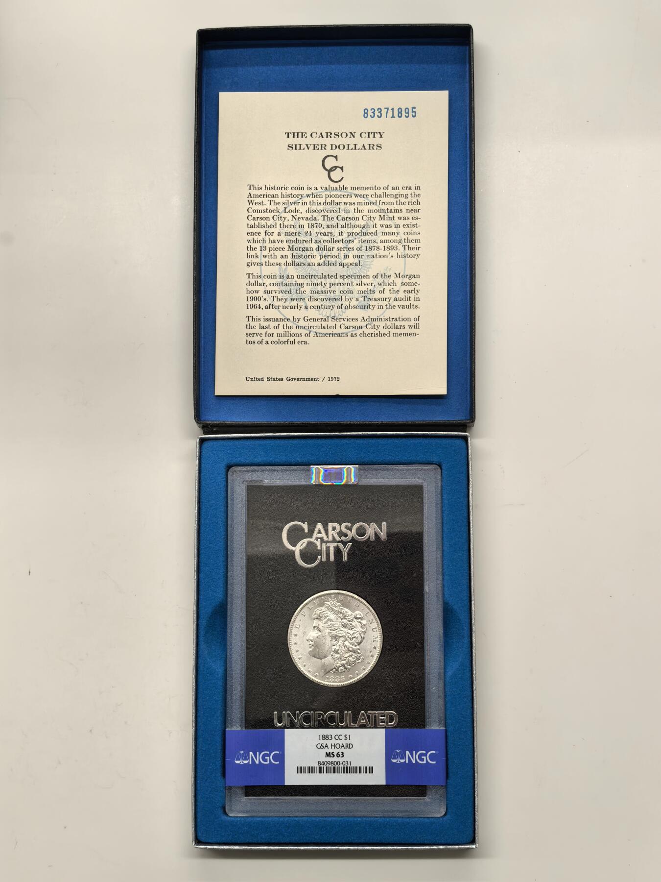博洋堂藏家专场系列之美国钱币白金之夜专场暨第148期（全场包邮） NGC MS63 美国1883 CC 摩根 卡森厂 GSA大封装 附原盒及证书 霜感十足 高分难得 十字转光