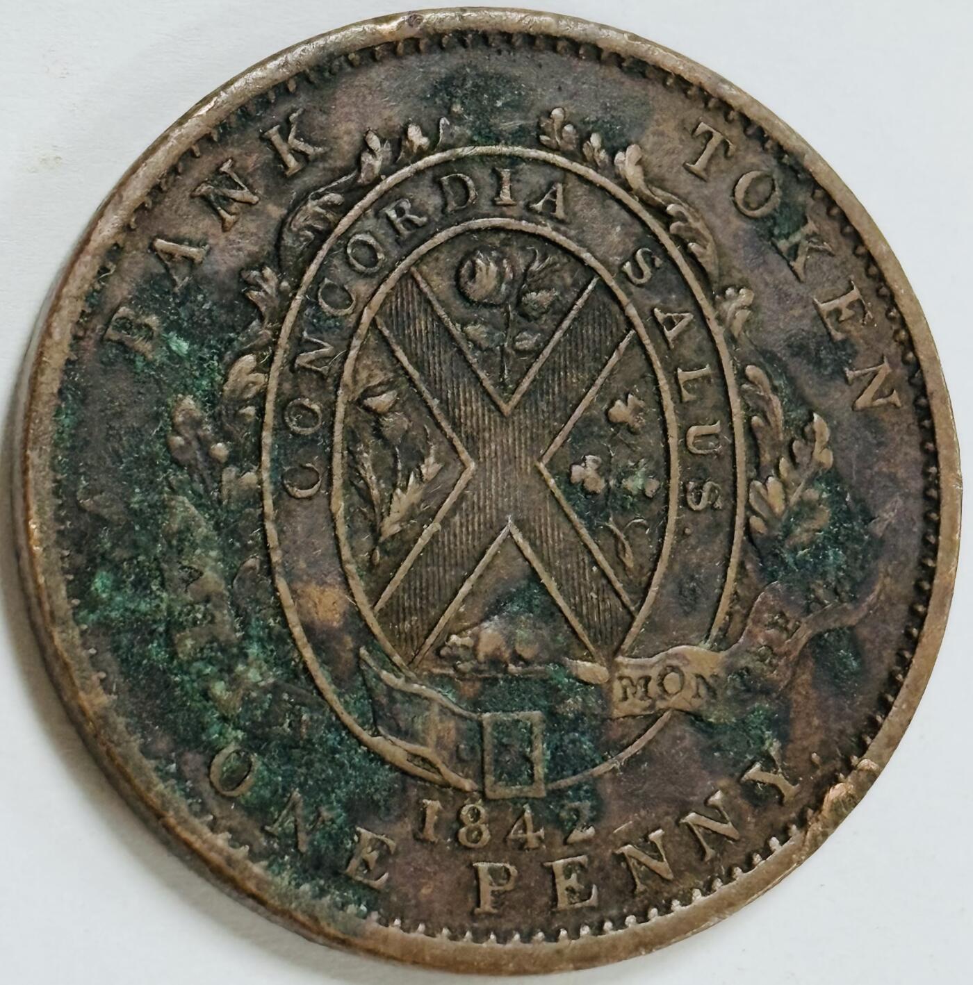 文馨钱币收藏第 282 场，【 长期接收代拍品】，加拿大老铜代用币，银币，德三系列场 稀少极美品加拿大 蒙特利尔银行 1842 年 1 便士 代用老铜币，包浆温润，自然绿锈托底