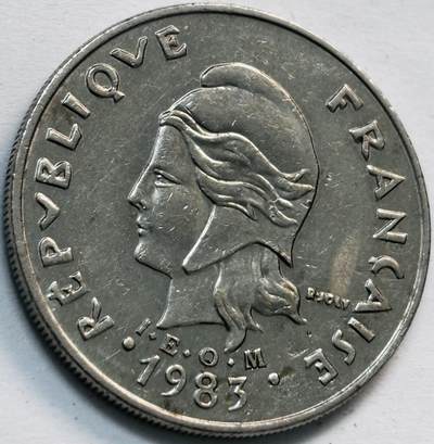 文馨钱币收藏第 282 场，【 长期接收代拍品】，加拿大老铜代用币，银币，德三系列场 - 原光品相 1983 年法属波利尼西亚 20 法郎，第二版