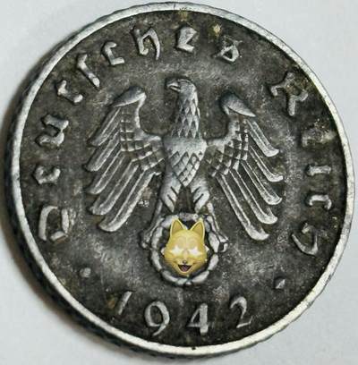 文馨钱币收藏第 282 场，【 长期接收代拍品】，加拿大老铜代用币，银币，德三系列场 - 极美品 1942 年德三帝国 5 芬尼锌币 A 标，锌币保存不错，收藏不错