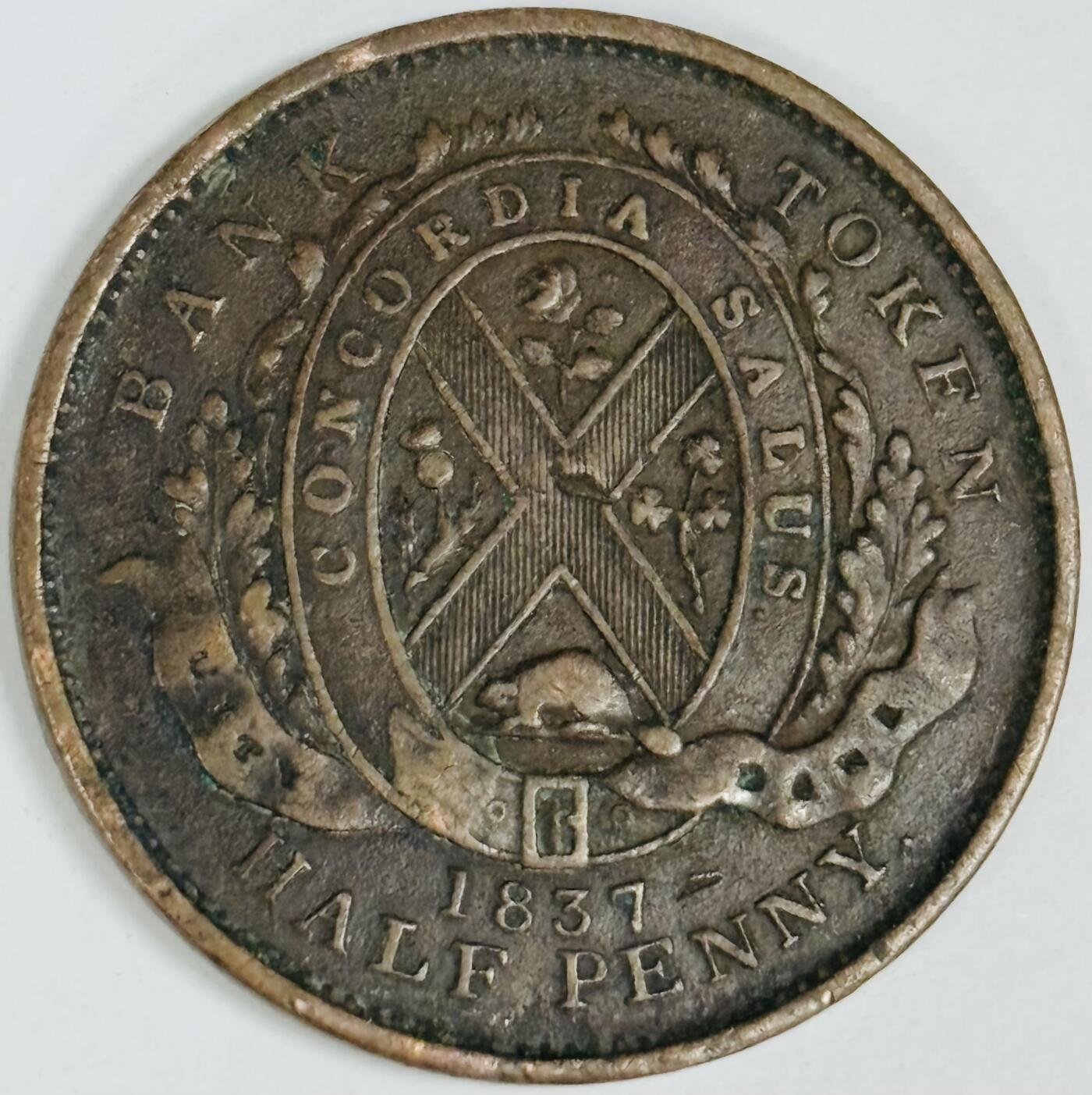 文馨钱币收藏第 282 场，【 长期接收代拍品】，加拿大老铜代用币，银币，德三系列场 稀少极美品  1837年英属魁北克（下加拿大）1/2半便士代用老铜币