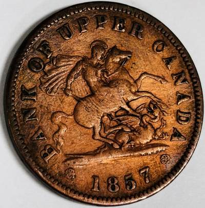 文馨钱币收藏第 282 场，【 长期接收代拍品】，加拿大老铜代用币，银币，德三系列场 - 稀少铜光 加拿大1857 年圣乔治马剑屠龙1便士青铜币  TOKEN 代用币