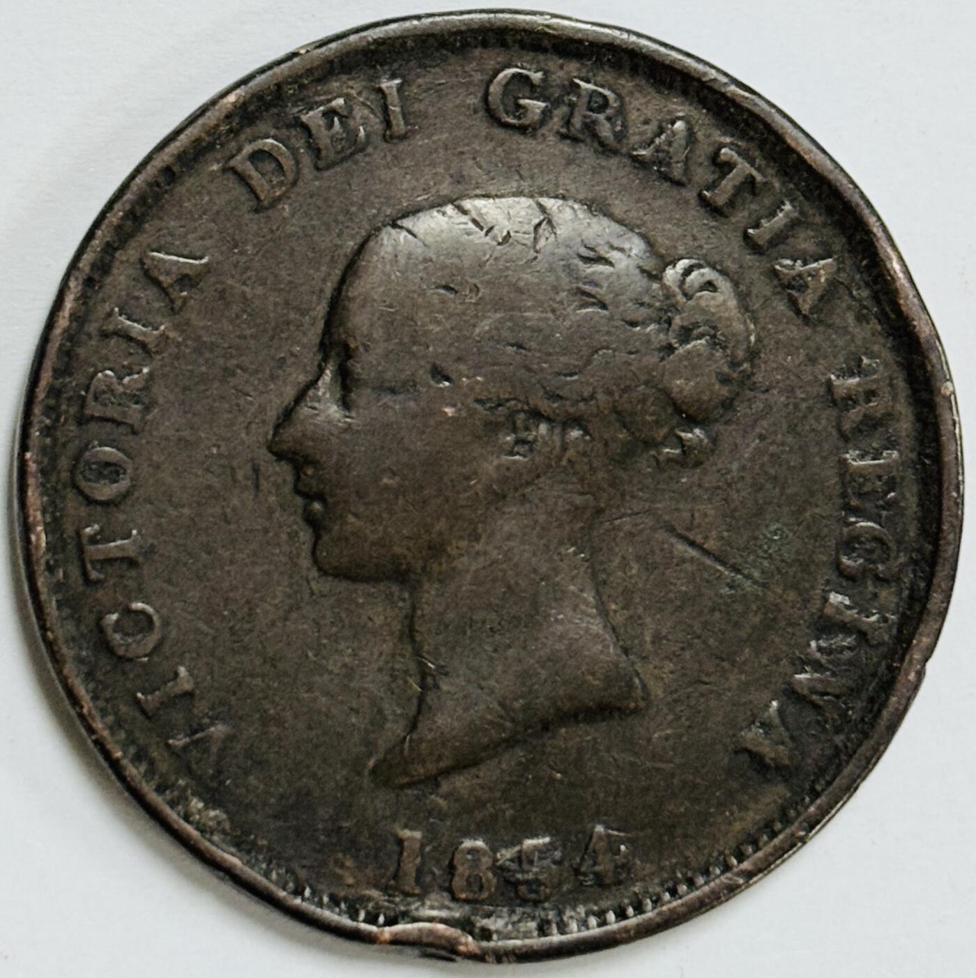 文馨钱币收藏第 282 场，【 长期接收代拍品】，加拿大老铜代用币，银币，德三系列场 稀少 1854 年英属加拿大新不伦瑞克省1便士代用老铜币--维多利亚女皇