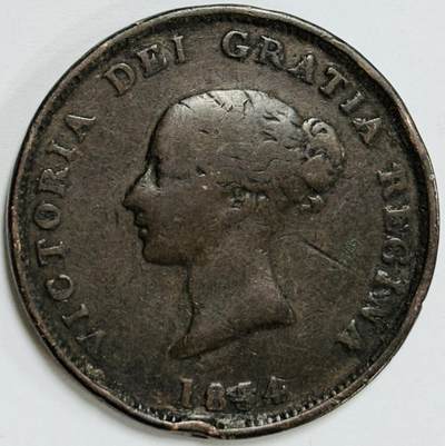 文馨钱币收藏第 282 场，【 长期接收代拍品】，加拿大老铜代用币，银币，德三系列场 - 稀少 1854 年英属加拿大新不伦瑞克省1便士代用老铜币--维多利亚女皇