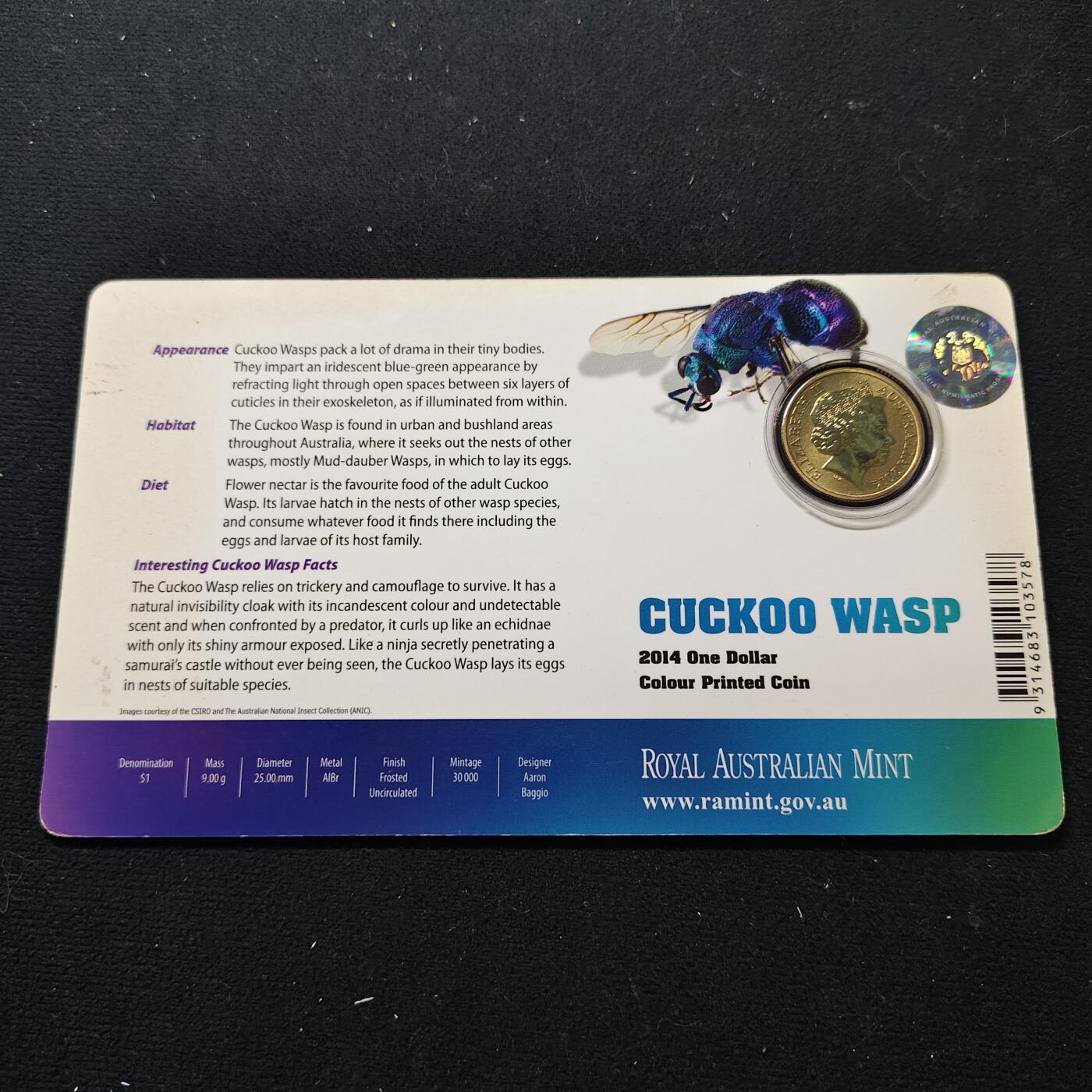 【全场包邮】纯粹捡漏拍480场（免费代拍第17场） 澳大利亚2014年1元彩色昆虫系列杜鹃黄蜂官方卡装彩色纪念币
