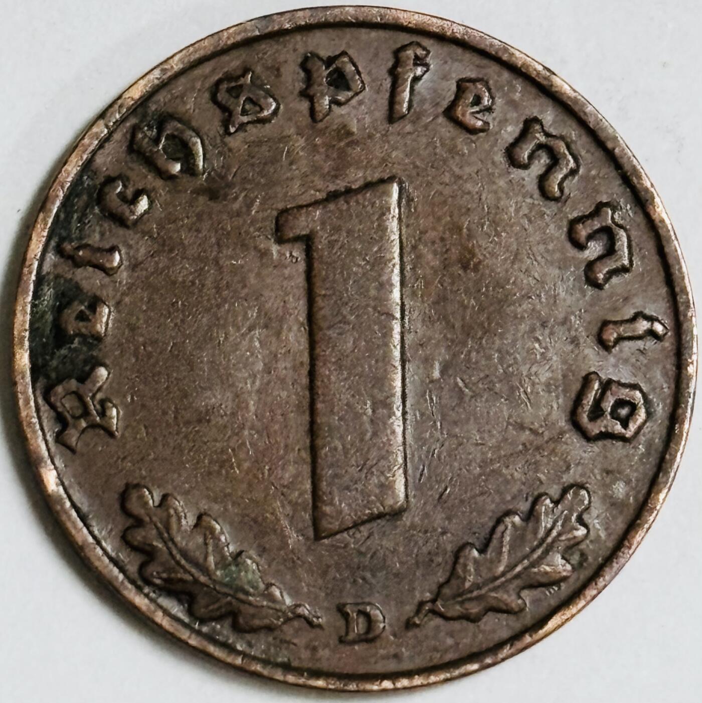 文馨钱币收藏第 282 场，【 长期接收代拍品】，加拿大老铜代用币，银币，德三系列场 极美品 1937 年德三帝国 1 芬尼铜币 D 标