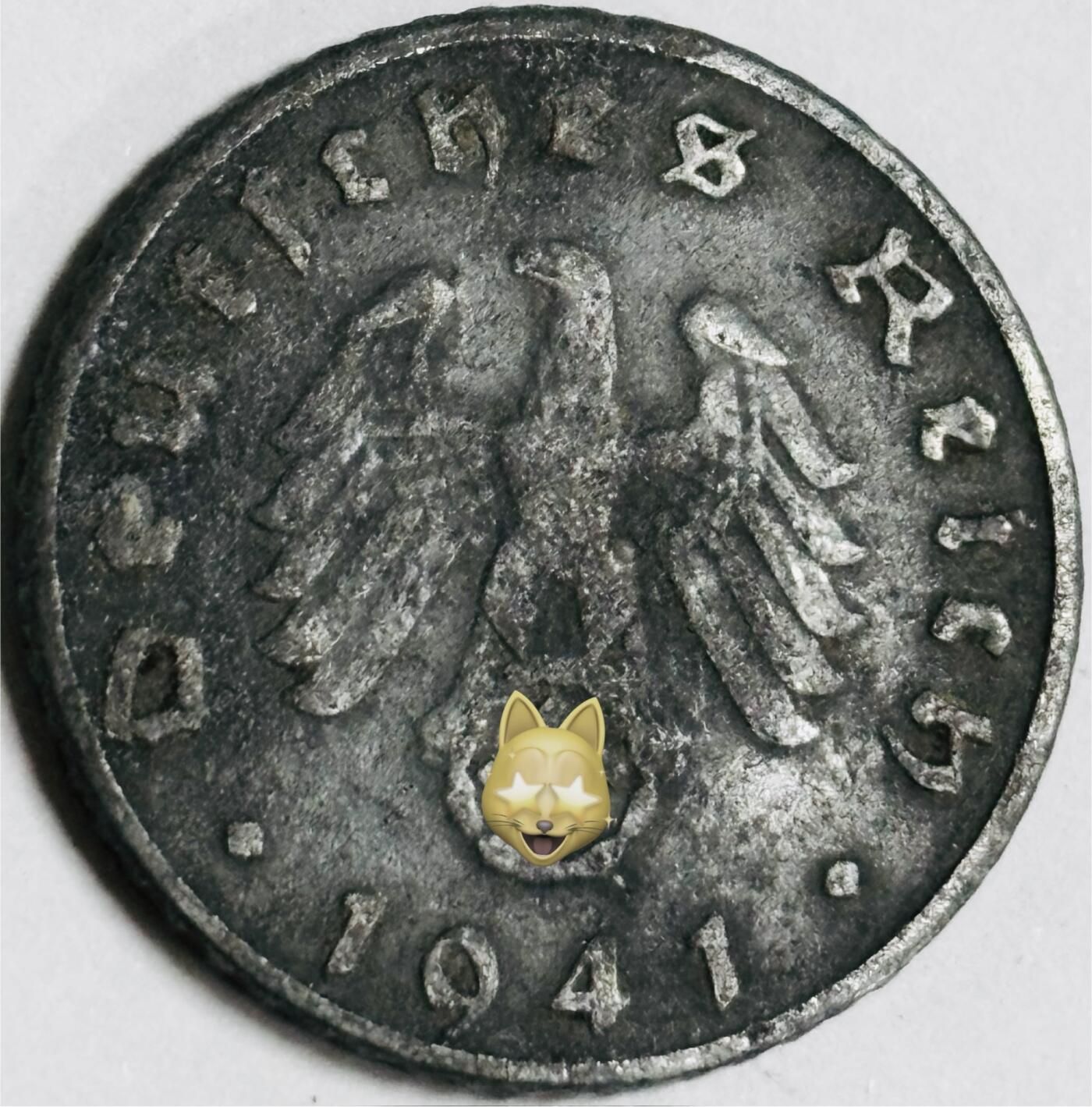 文馨钱币收藏第 282 场，【 长期接收代拍品】，加拿大老铜代用币，银币，德三系列场 极美品 1941 年德三帝国 5 芬尼锌币 D 标，锌币保存不错，收藏不错