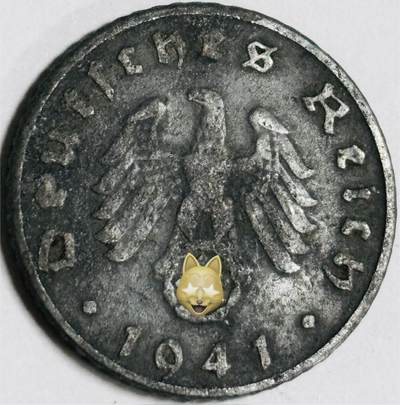 文馨钱币收藏第 282 场，【 长期接收代拍品】，加拿大老铜代用币，银币，德三系列场 - 极美品 1941 年德三帝国 5 芬尼锌币 D 标，锌币保存不错，收藏不错