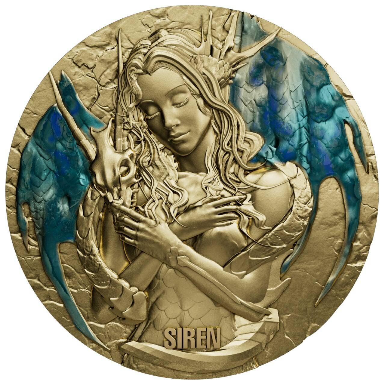 喀麦隆2025年海上诱惑系列美人鱼2盎司镀金版荧光高浮雕纪念银币。镀金版发行99枚