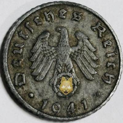 文馨钱币收藏第 282 场，【 长期接收代拍品】，加拿大老铜代用币，银币，德三系列场 - 极美品 1941 年德三帝国 5 芬尼锌币 A 标，锌币保存不错，收藏不错