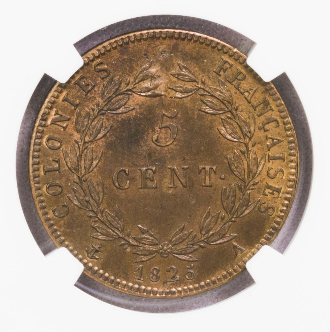 NGC-MS64BN 1825法属殖民地5分铜币原铜光BU