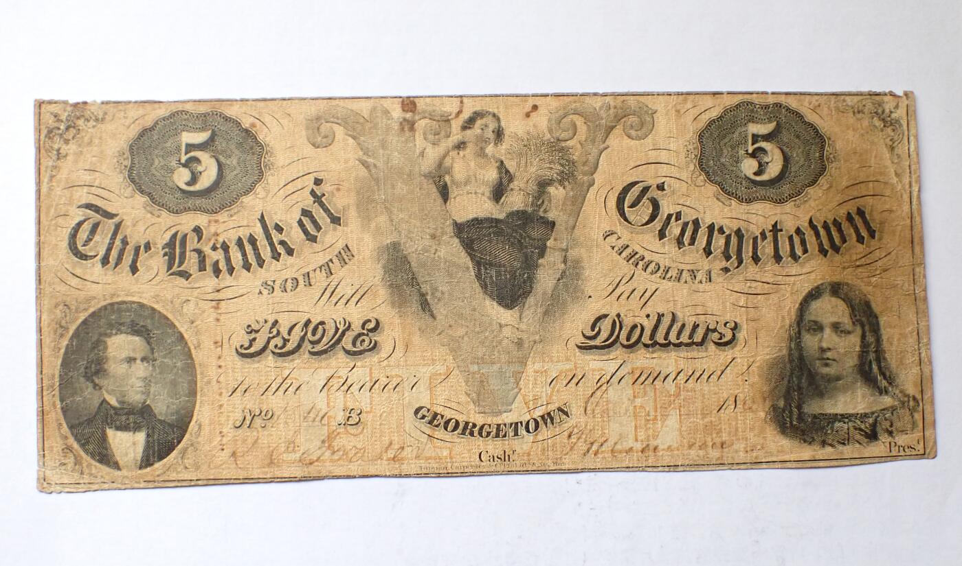 古楚泉社世界钱币专场NO.1 美国19世纪南卡罗来纳洲乔治敦银行5美元纸币