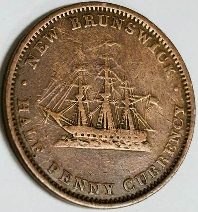 文馨钱币收藏第 282 场，【 长期接收代拍品】，加拿大老铜代用币，银币，德三系列场 - 稀少铜光品 英属布伦瑞克省1854 年1/2便士铜币 维多利亚女王