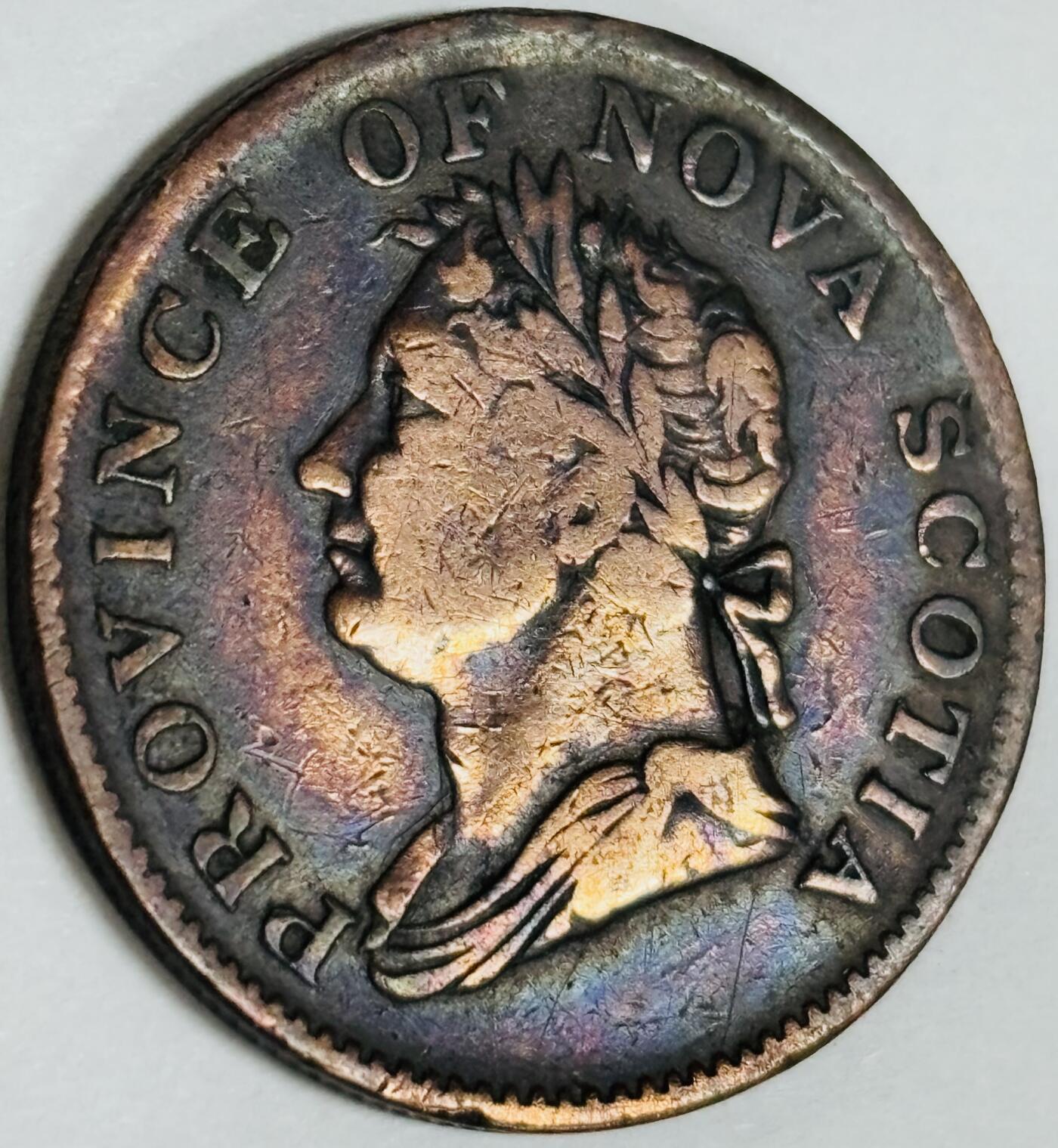 文馨钱币收藏第 282 场，【 长期接收代拍品】，加拿大老铜代用币，银币，德三系列场 稀少彩虹酱色极美品1832年加拿大新斯科舍省乔治四世1/2 便士TOKEN老铜币