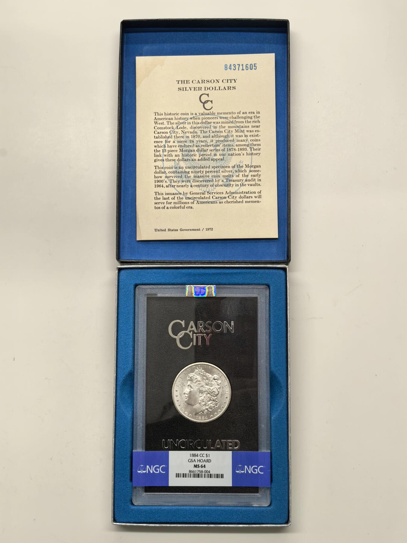 博洋堂藏家专场系列之美国钱币白金之夜专场暨第148期（全场包邮） NGC MS64 美国1884 CC 摩根 卡森厂 GSA大封装 附原盒及证书 高分难得 十字转光