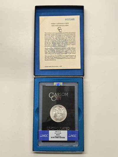 博洋堂藏家专场系列之美国钱币白金之夜专场暨第148期（全场包邮） - NGC MS64 美国1884 CC 摩根 卡森厂 GSA大封装 附原盒及证书 高分难得 十字转光