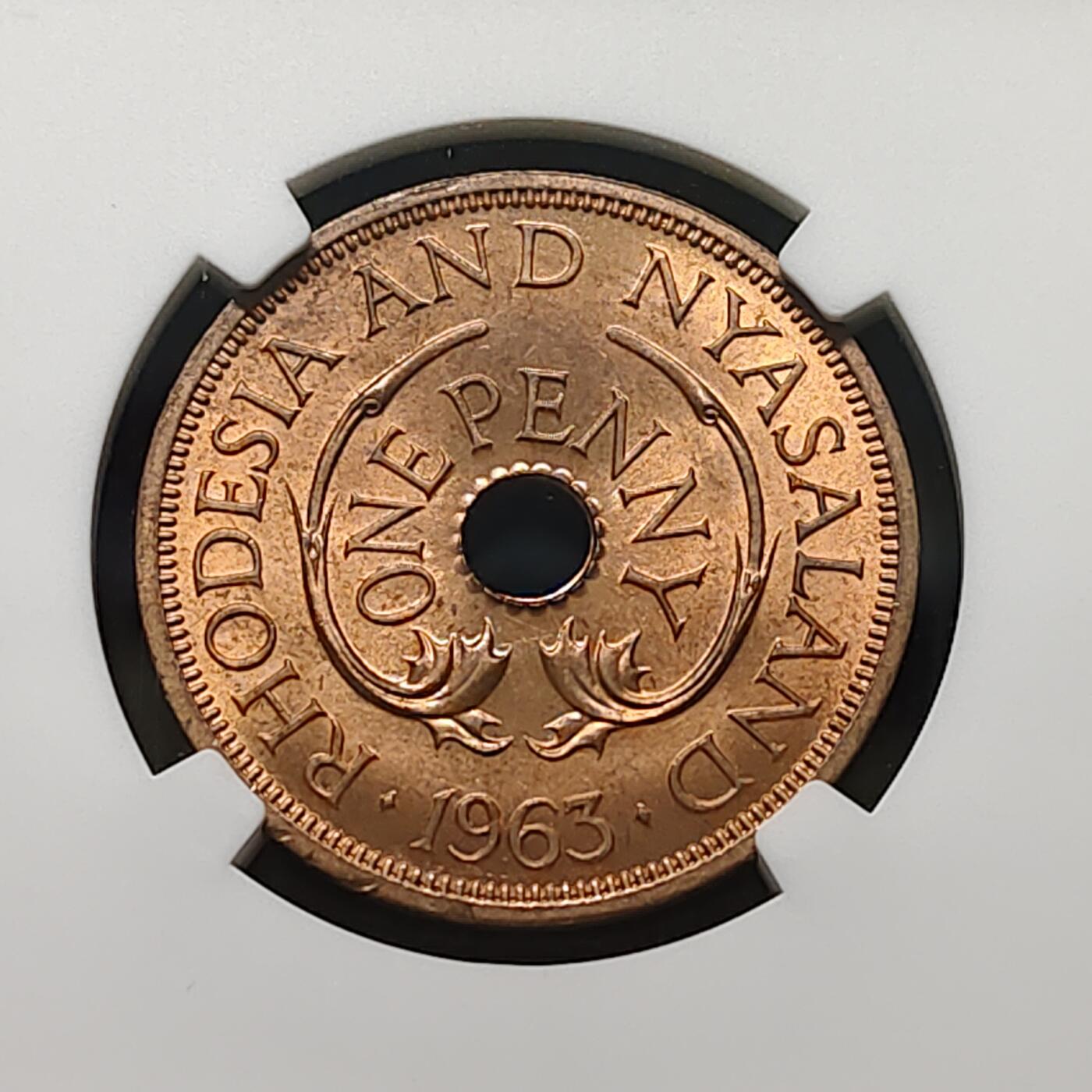 【全场包邮】纯粹捡漏拍481场（免费代拍第18场） 【收藏级】英属罗德西亚和尼亚萨兰1963年1便士大铜币-NGC MS65 RB