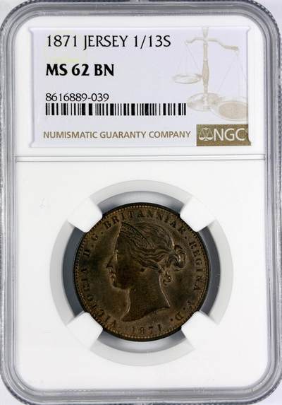 【雨安】【直播拍卖】【世界币章116期-评级币】2025-11-22 周六 19:30 保真 - [评级欧洲] Jersey 泽西 1/13先令 1871年 维多利亚  NGC-MS62