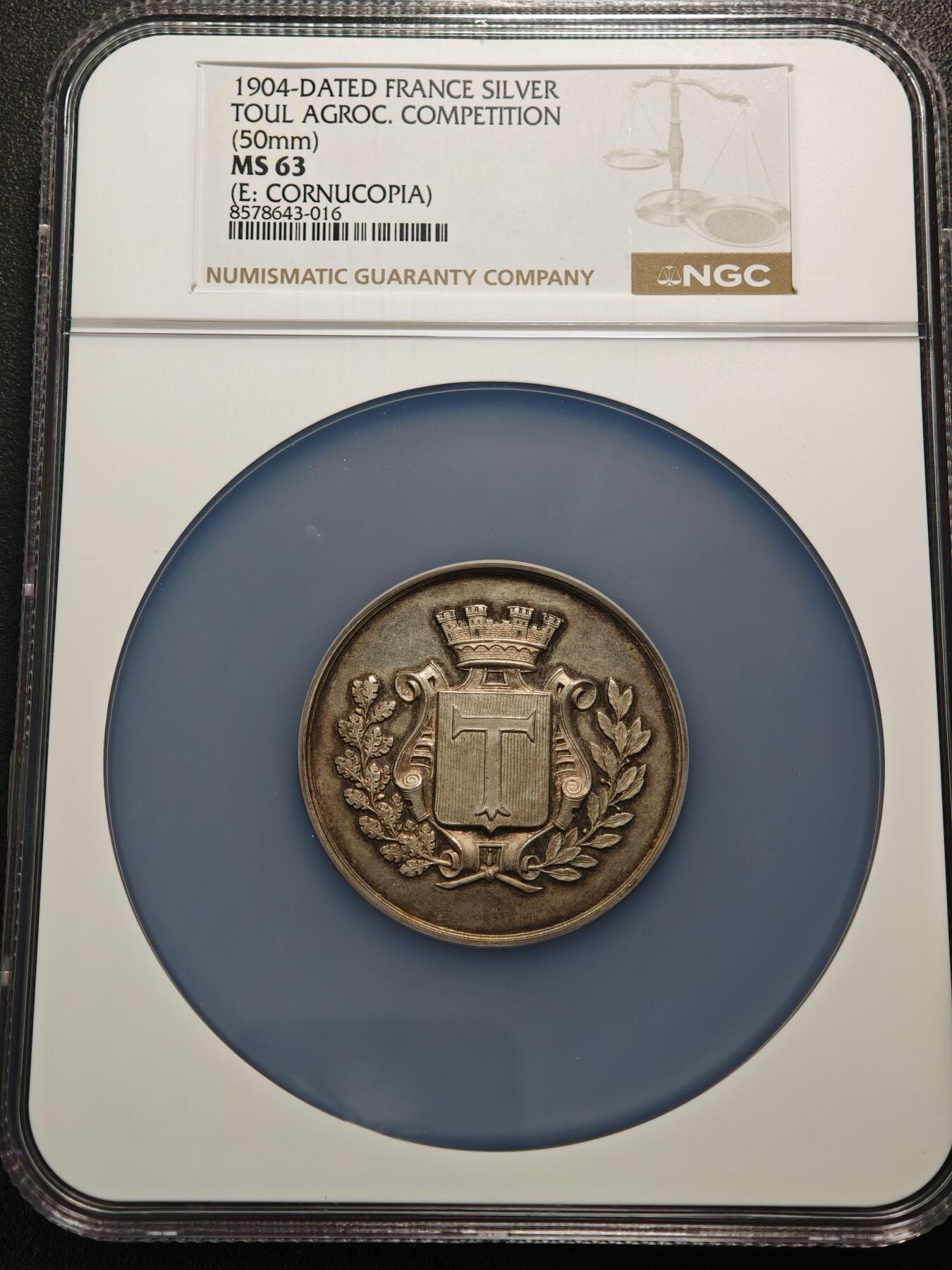 【德藏】世界币章拍卖第154期（拍品征集中~欢迎藏友联系） 1904年 法国图尔奈农业竞赛大银章 50mm NGC MS63 原味五彩包浆 