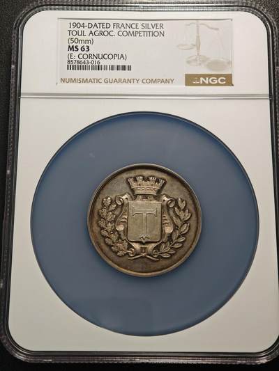 【德藏】世界币章拍卖第154期（拍品征集中~欢迎藏友联系） - 1904年 法国图尔奈农业竞赛大银章 50mm NGC MS63 原味五彩包浆 
